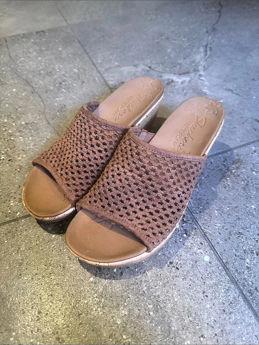 Sketches Wedge Slide Sandals in Brown